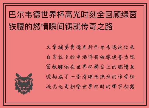 巴尔韦德世界杯高光时刻全回顾绿茵铁腰的燃情瞬间铸就传奇之路